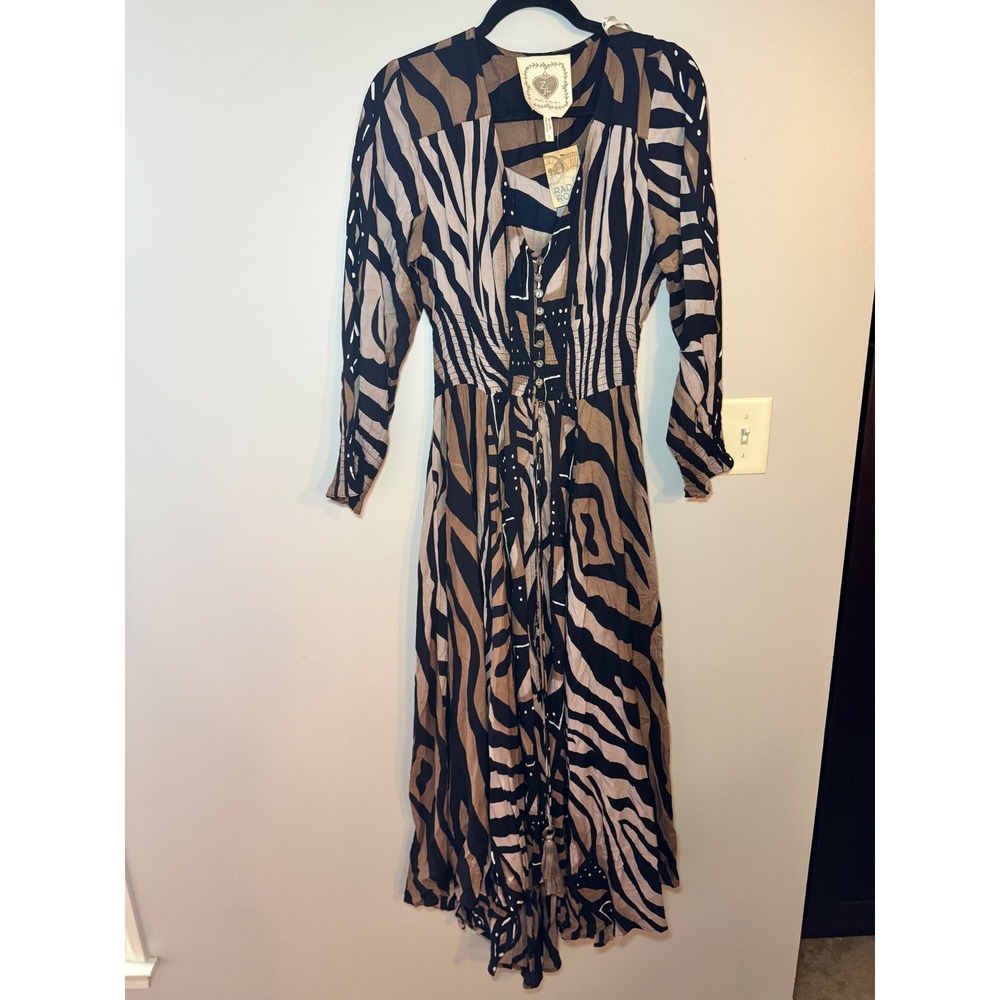 Z&L Europe Suki Zebra Print Maxi Dress Animal Boho Button Front Smocked Small